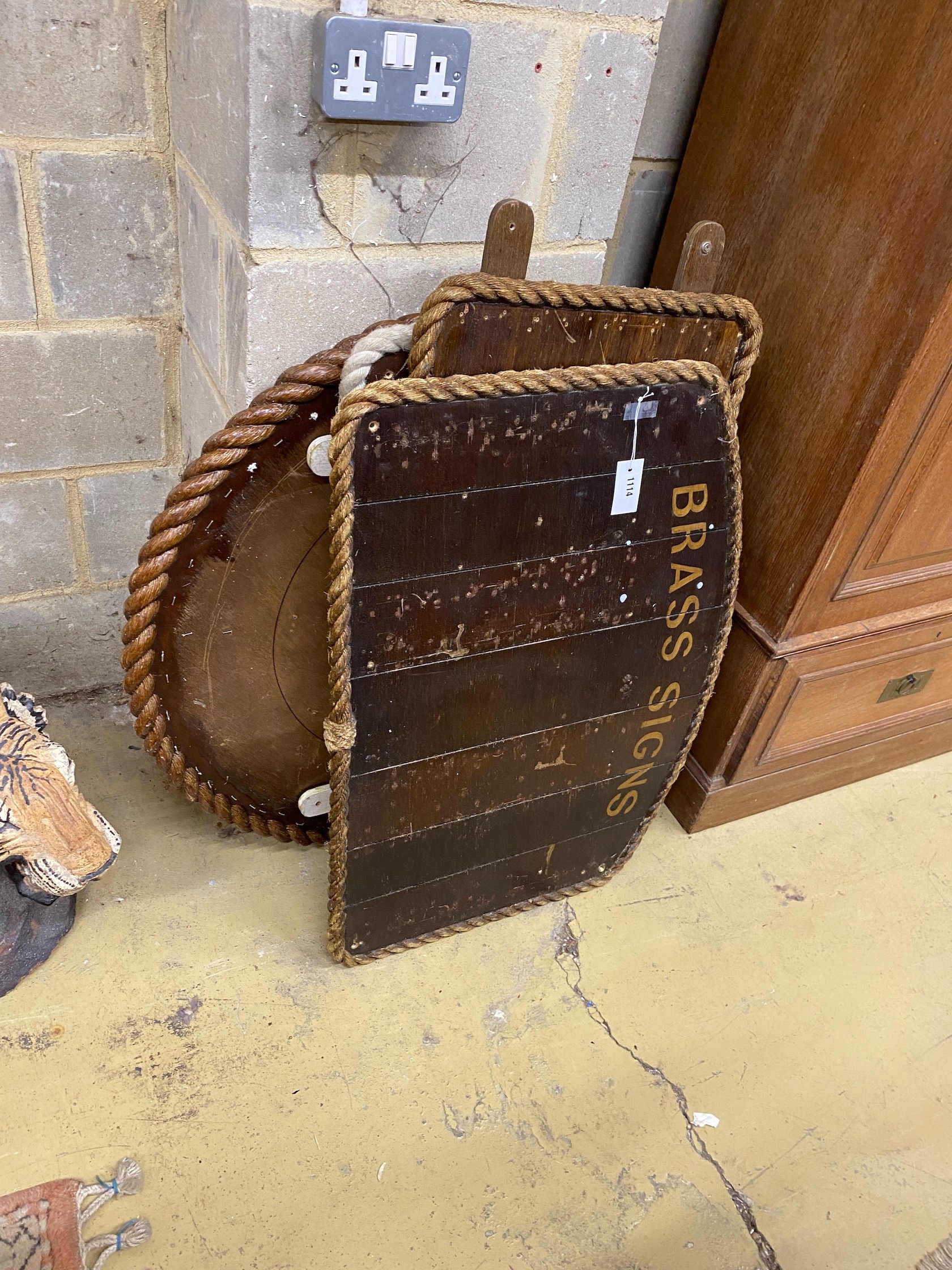 Five rope mounted nautical themed display boards, largest width 90cm, height 86cm